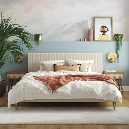 King Mid-Century Off-White Velvet Upholstered Platform Bed Frame with Headboard - Tampa Home & Garden Store