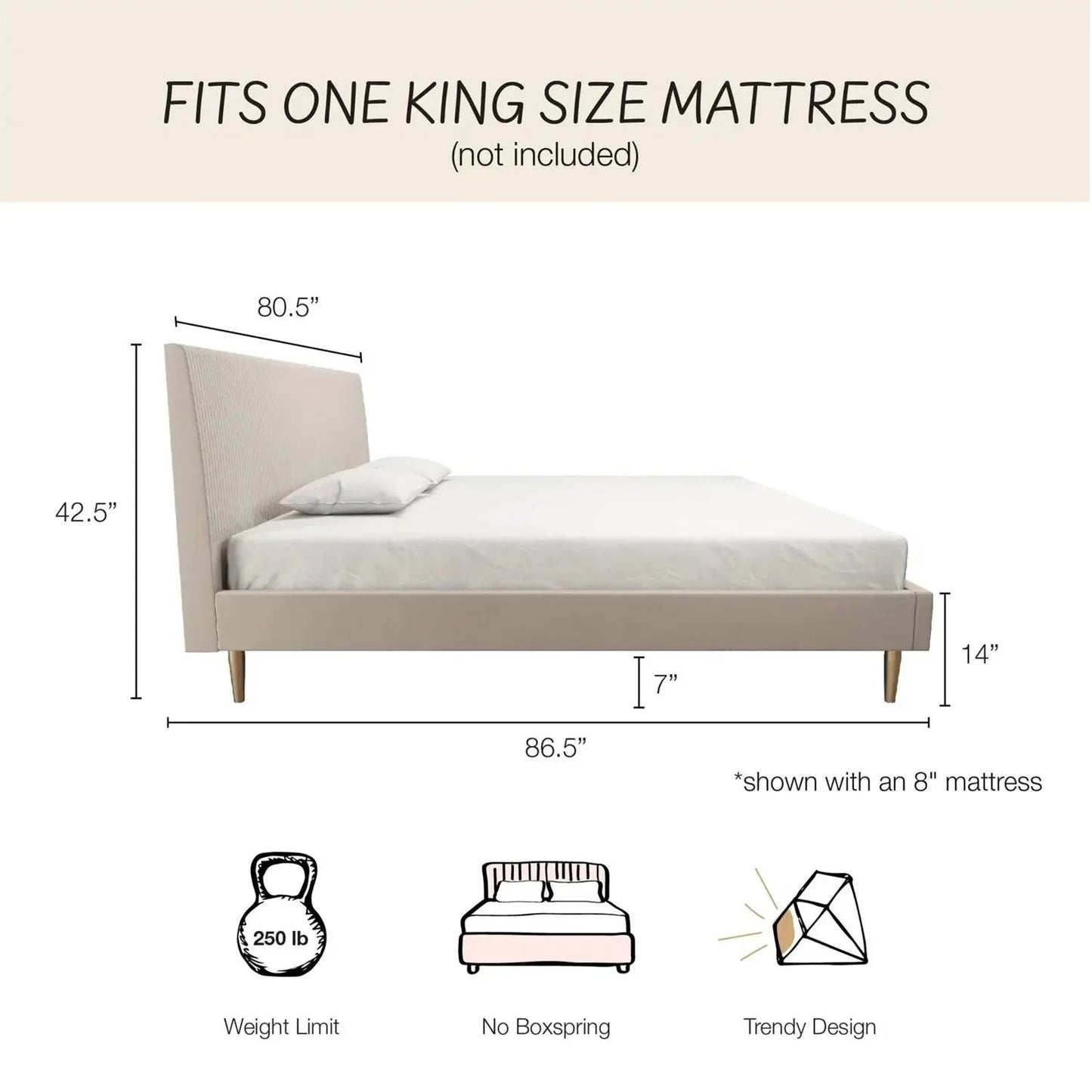 King mid-century velvet upholstered platform bed with tall off-white headboard and tapered wood legs on Tampa Home & Garden Store