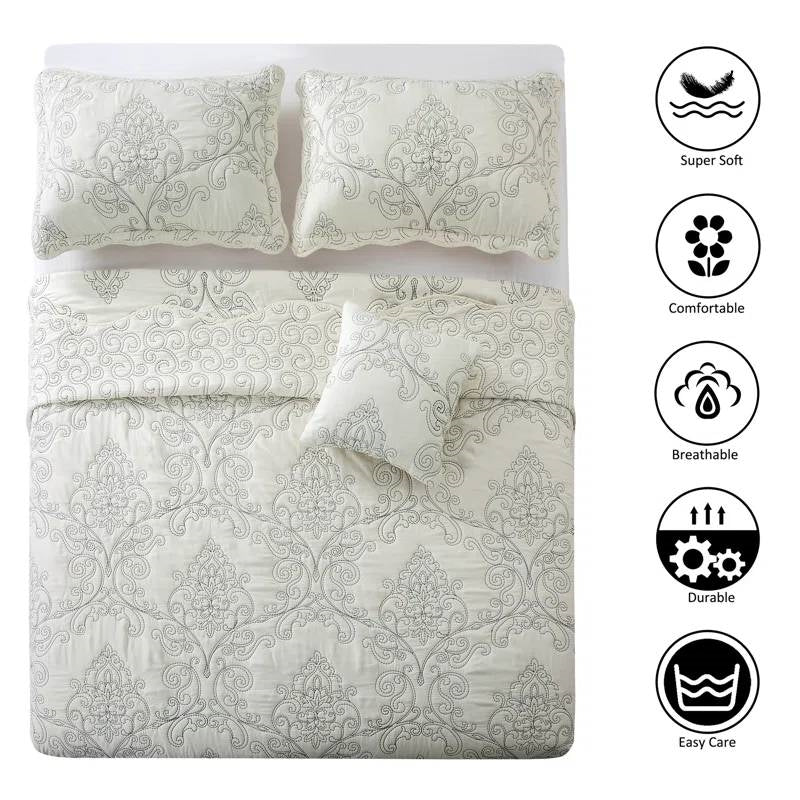 King size Antique White Damask Embroidered 4 Piece Oversized Bedspread Set - Tampa Home & Garden Store