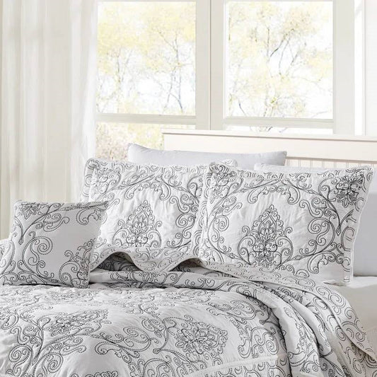 King size White Damask Embroidered 4 Piece Oversized Bedspread Set - Tampa Home & Garden Store