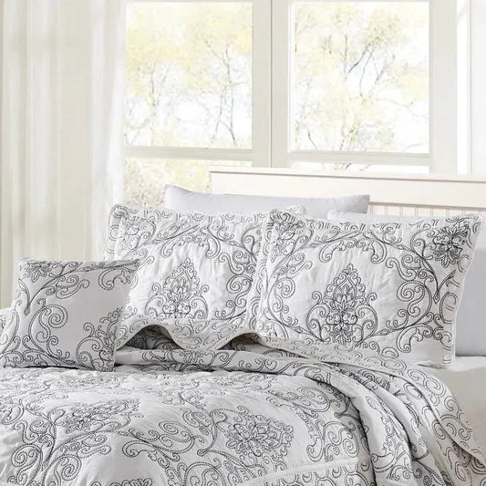 King size white damask embroidered bedspread set with shams, 4-piece oversized HomePacific linens on Tampa Home & Garden Store