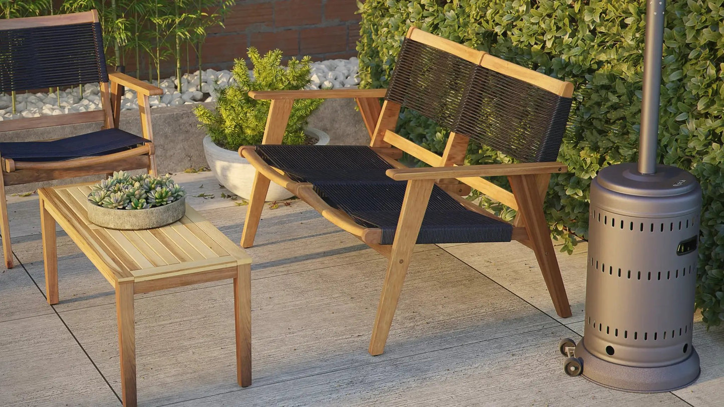 Kingsmen outdoor sofa bench in natural wood frame with black woven seating by Balkene Home on Tampa Home & Garden Store
