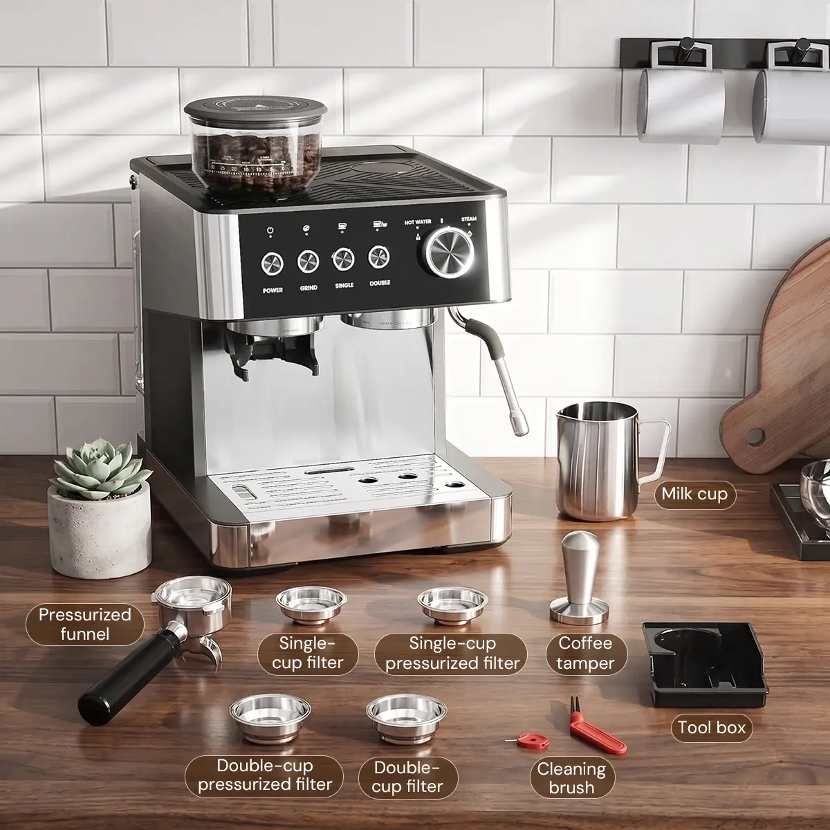 Kismile 20 Bar Espresso Machine CM8031 in stainless steel with portafilter and milk pitcher on Tampa Home & Garden Store