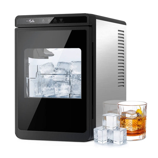 Kismile Clear Square Ice Cube Maker, black body with stainless steel panel and ice cubes on Tampa Home & Garden Store