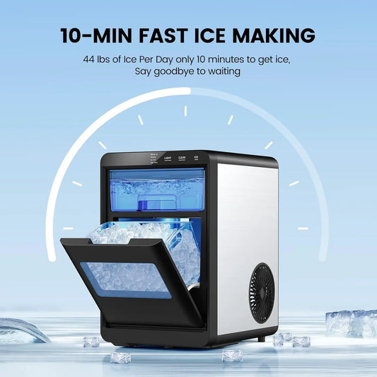 Kismile Nugget Ice Maker countertop 58020RIM0, black body with stainless sides, ice bin open on Tampa Home & Garden Store