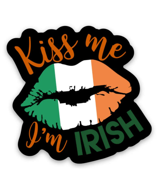 Kiss Me I Am Irish 2in flag lips sticker with Irish tricolor and orange text by Thistle & Stitch on Tampa Home & Garden Store