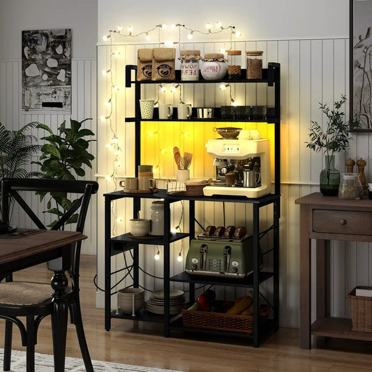 Black metal kitchen bakers rack with power outlet, 5 shelves and warm LED lighting on Tampa Home & Garden Store