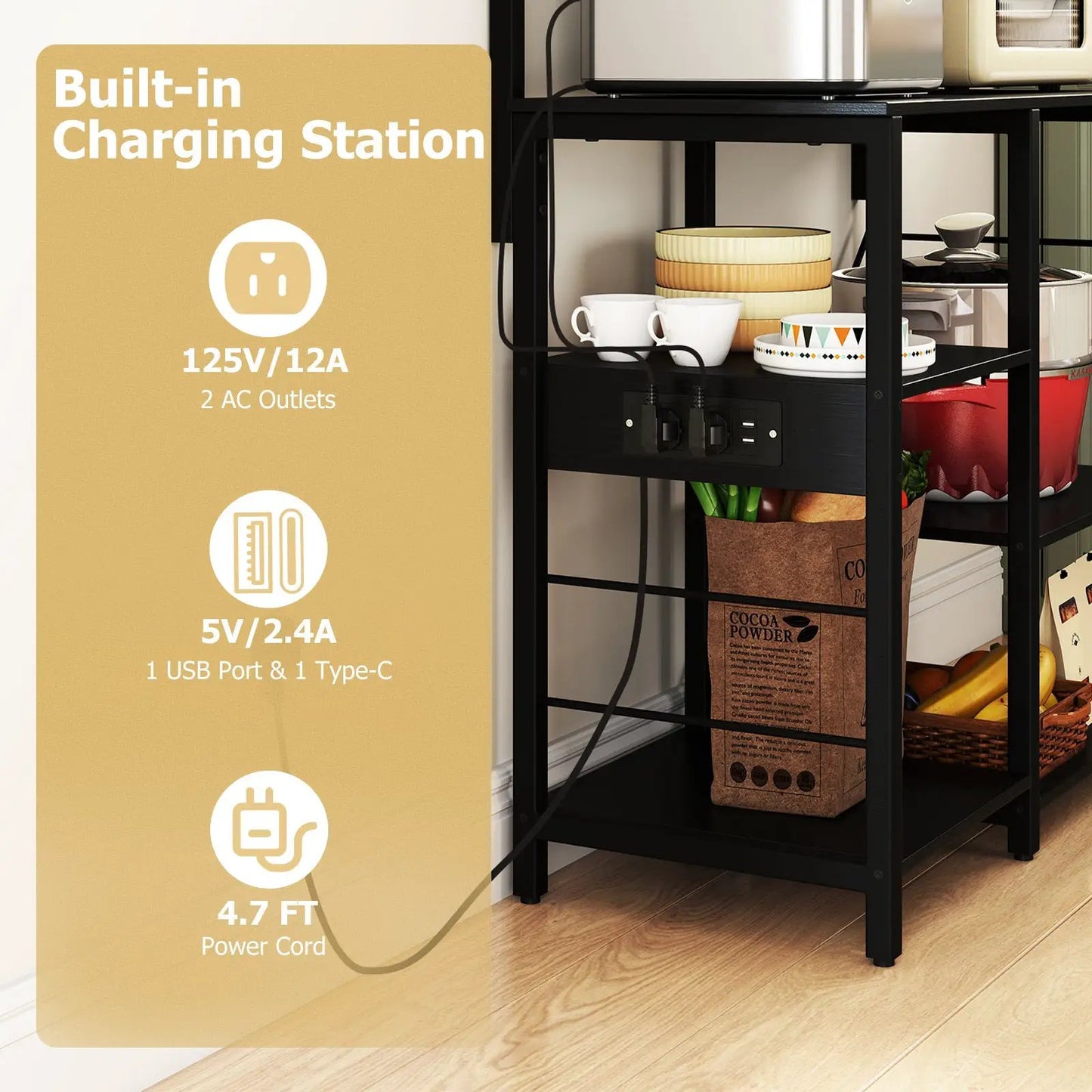 Kitchen Bakers Rack DirectDeals black metal with built-in outlets and LEDs on Tampa Home & Garden Store