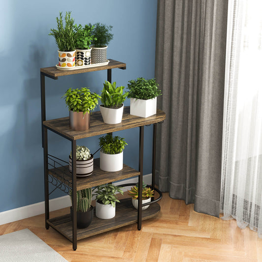 Estante de cocina de 4 niveles con 6 ganchos en S y estantes para copas - Marrón rústico
