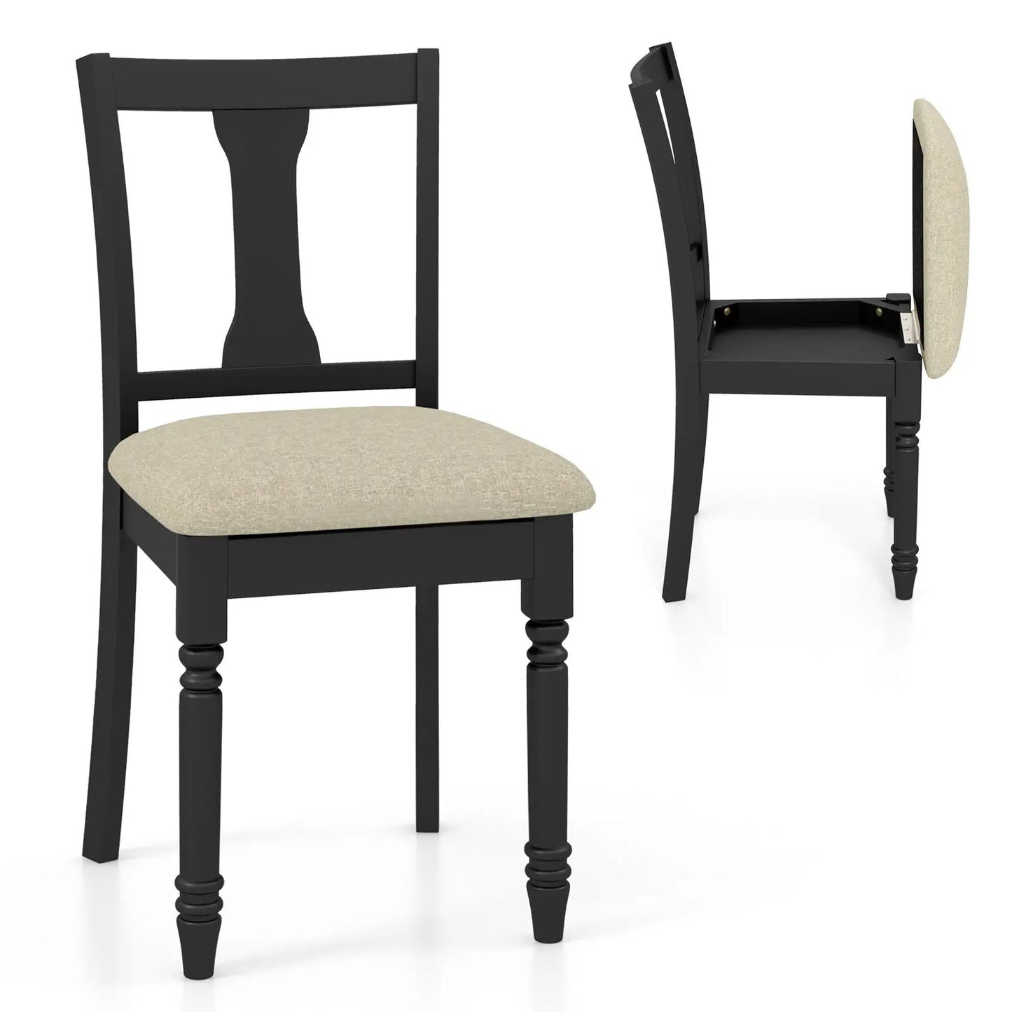 Set of 2 black wooden kitchen dining chairs with beige linen fabric seats on Tampa Home & Garden Store