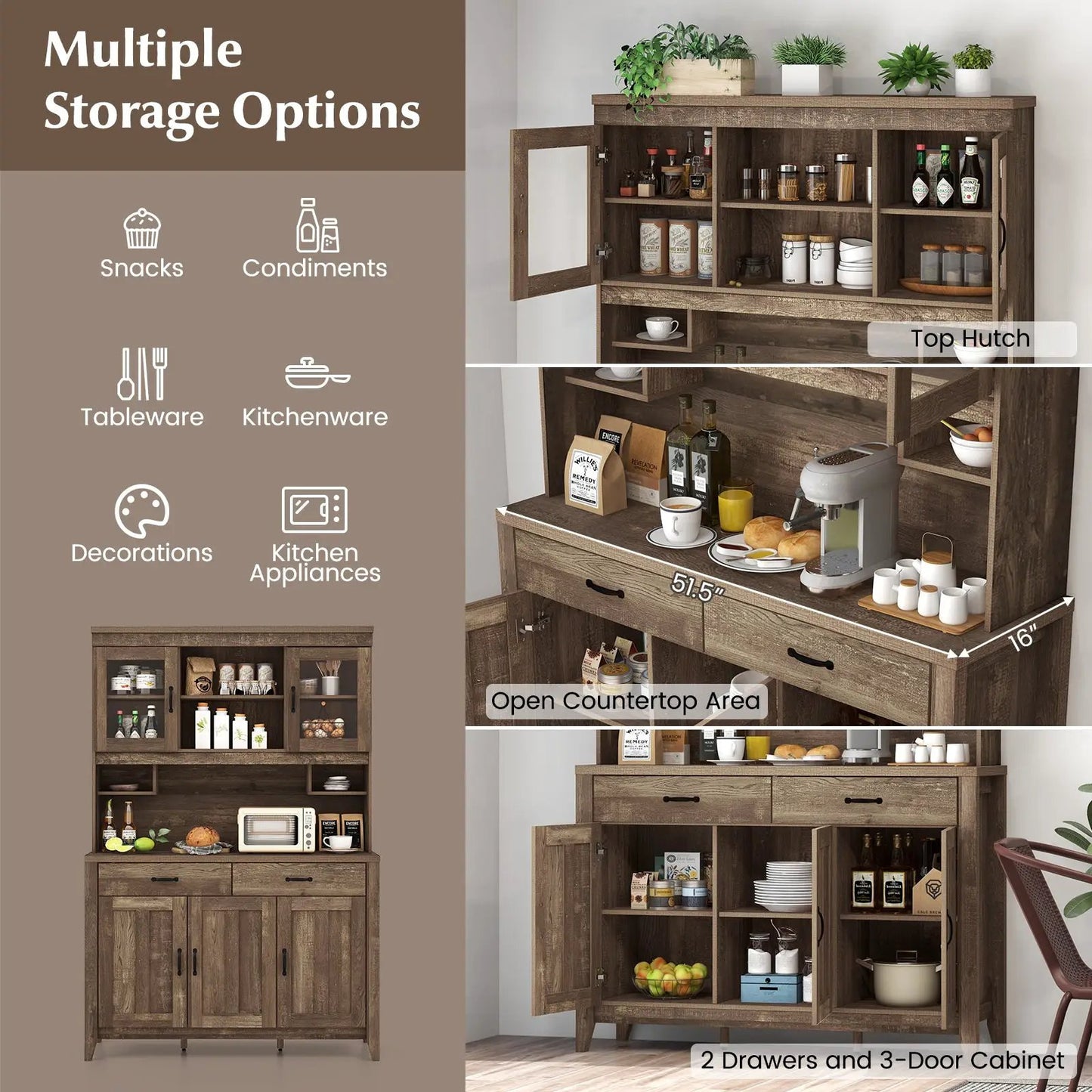 Kitchen Freestanding Hutch Cabinet Microwave brown wood finish with open shelves on Tampa Home & Garden Store