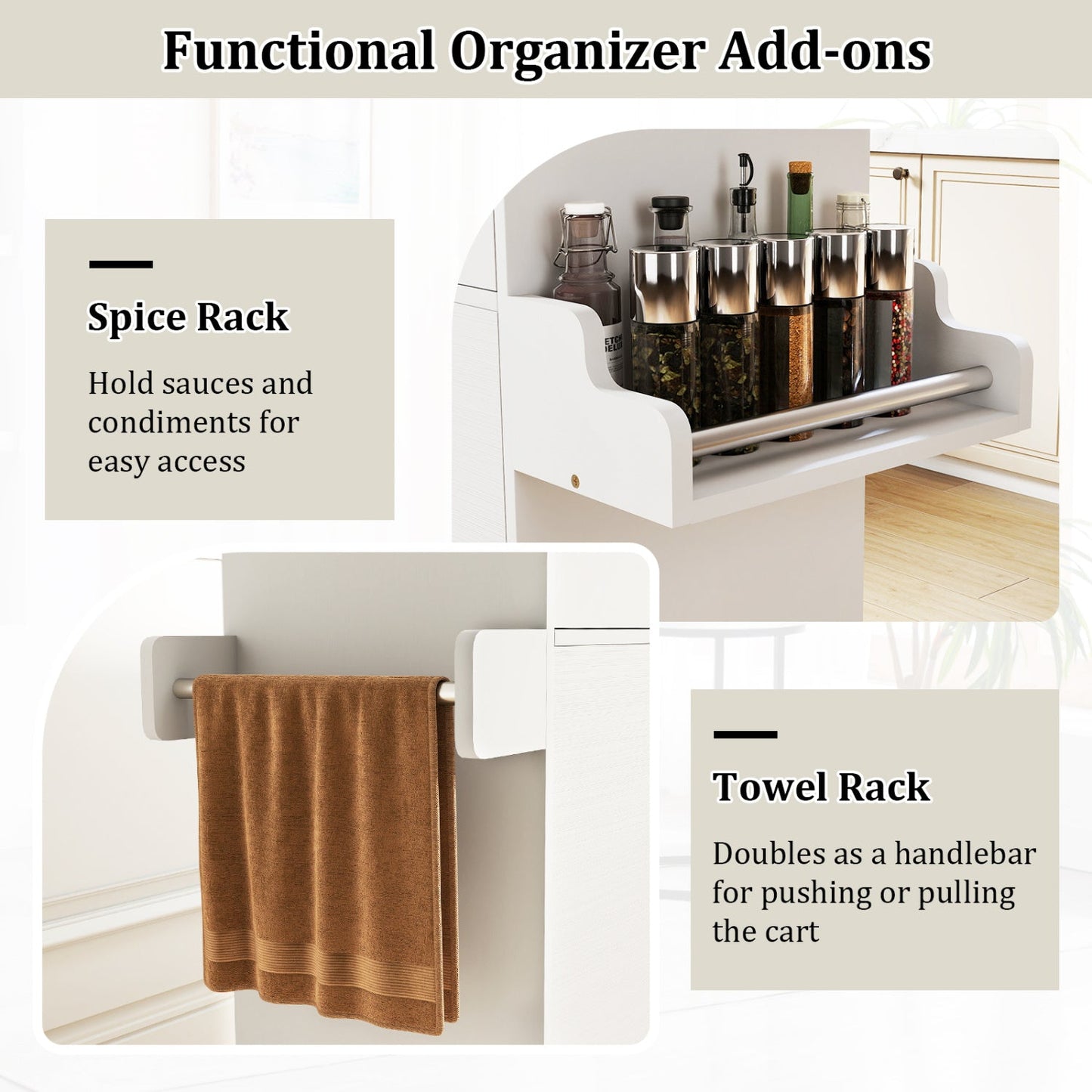 Rolling Kitchen Island Cart with Drawer Storage, white finish with spice rack and towel rack on Tampa Home & Garden Store