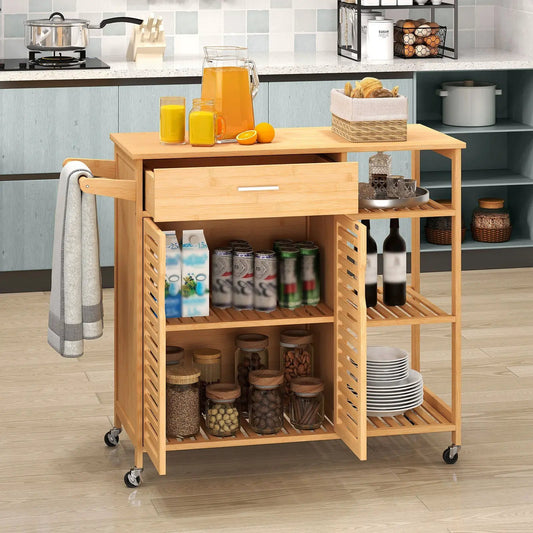 Kitchen island cart on wheels with natural bamboo frame; top pitcher of juice and fruit on Tampa Home & Garden Store