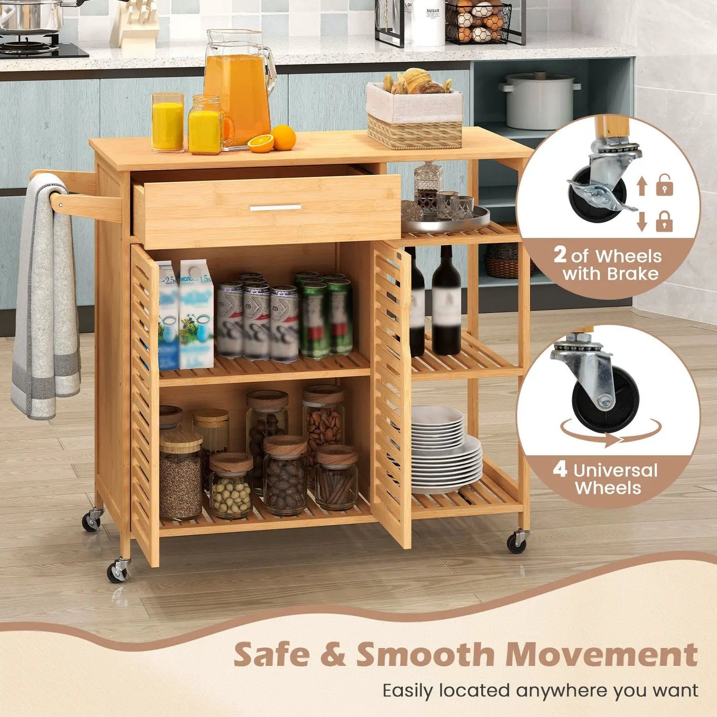 Kitchen Island Cart on Wheels with Sturdy Bamboo Frame-Natural - Tampa Home & Garden Store