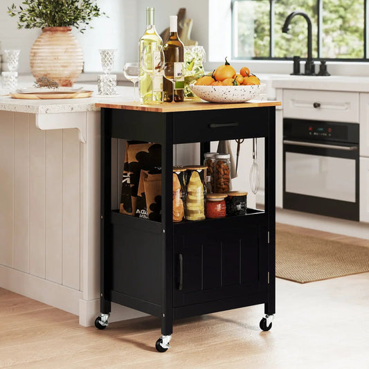 Rolling kitchen island cart with drawer, black frame and wood top on Tampa Home & Garden Store