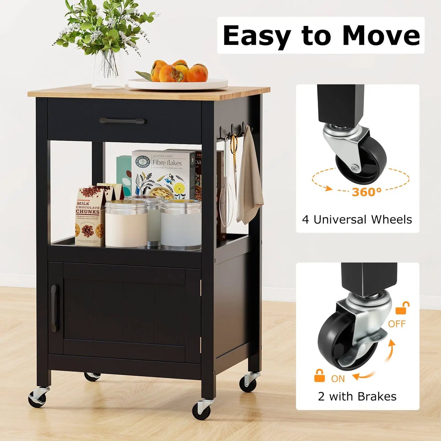 Rolling kitchen island cart by DirectDeals, drawer, black frame, wood top, side hooks, casters on Tampa Home & Garden Store