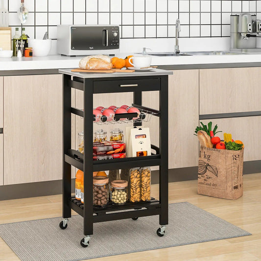 Kitchen Island Cart with stainless steel tabletop, black frame, wheels and storage shelf on Tampa Home & Garden Store