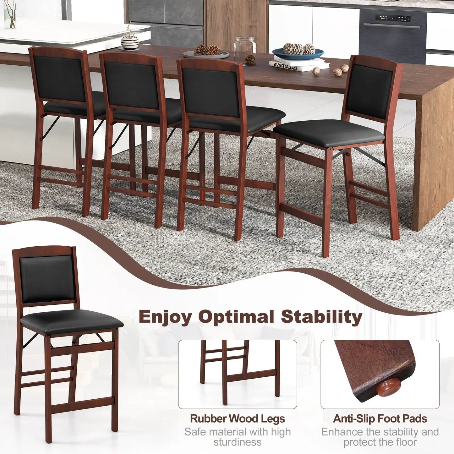 Folding kitchen island stools set of 5 with rubber wood legs and black upholstered seats on Tampa Home & Garden Store