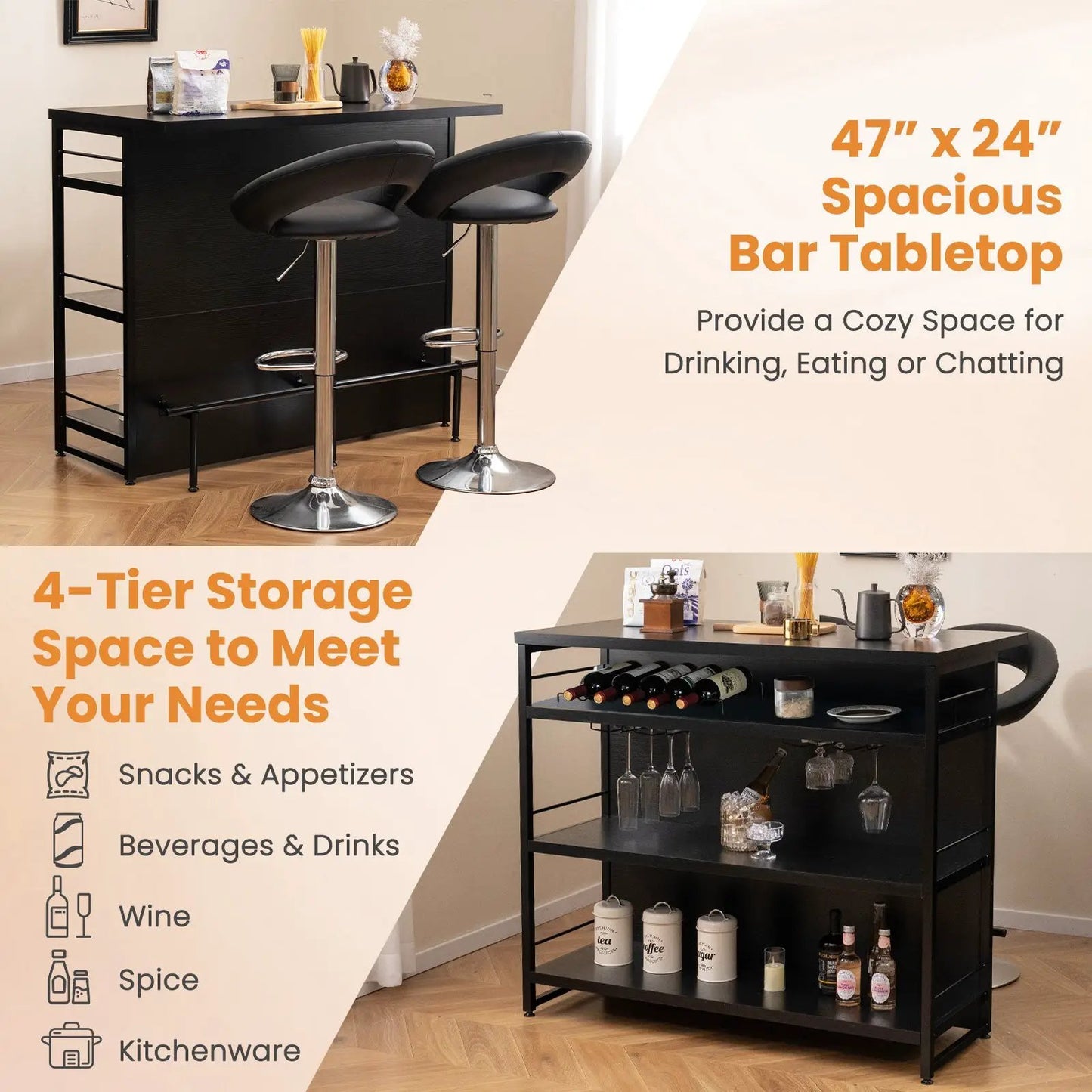 Kitchen Island in black with 4-tier storage, woodtop, metal frame and footrest, 2 stools on Tampa Home & Garden Store