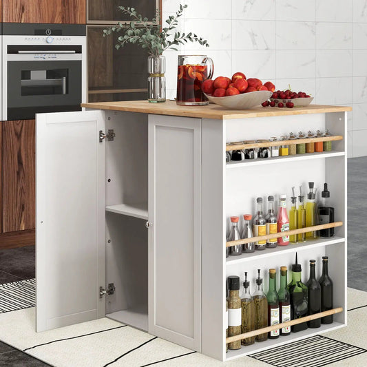 Modern kitchen island with rubber wood countertop, white base, spice shelves DirectDeals on Tampa Home & Garden Store