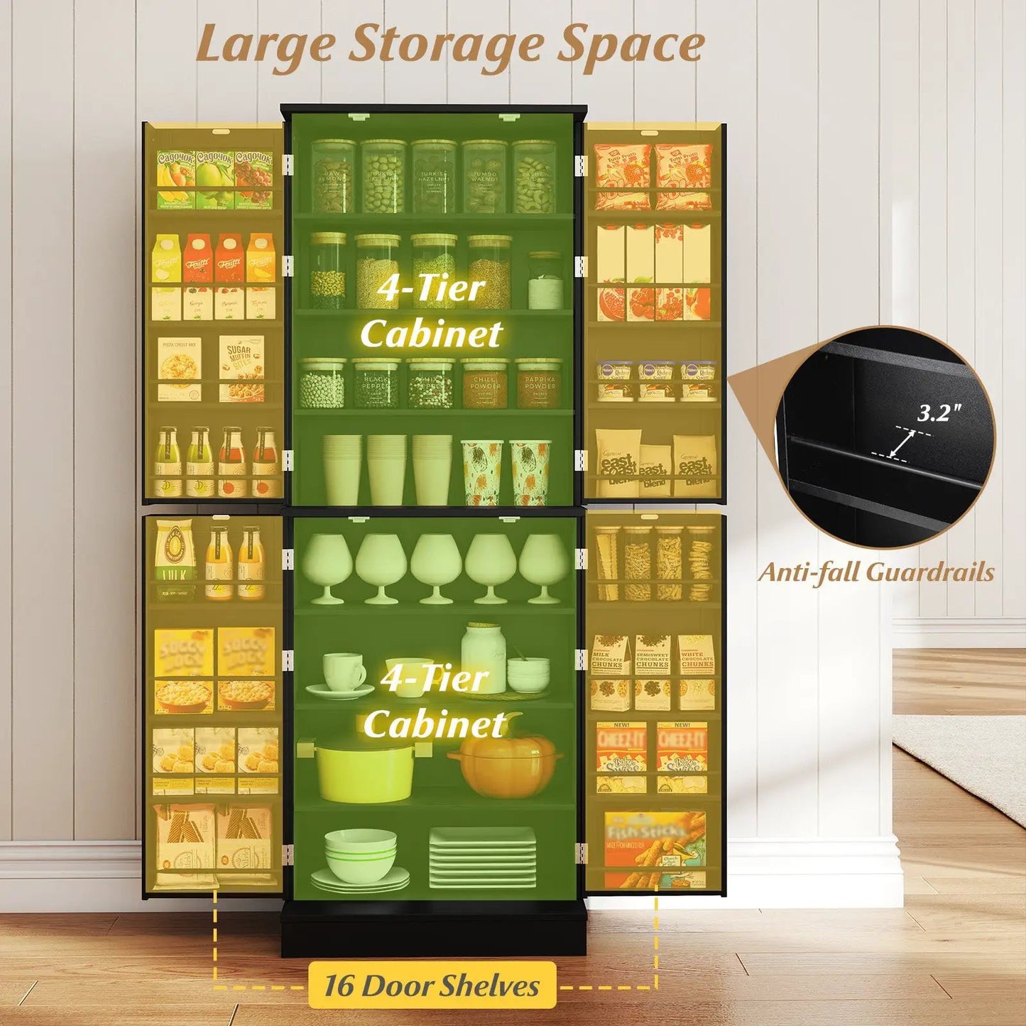 Kitchen Pantry Cabinet 65.5-Inch Tall Buffet with black frame, green cabinet, 16 door shelves on Tampa Home & Garden Store