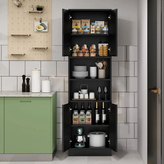75 Inch Kitchen Pantry Cabinet with Doors, black finish, shelves hold cans, jars and dishes on Tampa Home & Garden Store