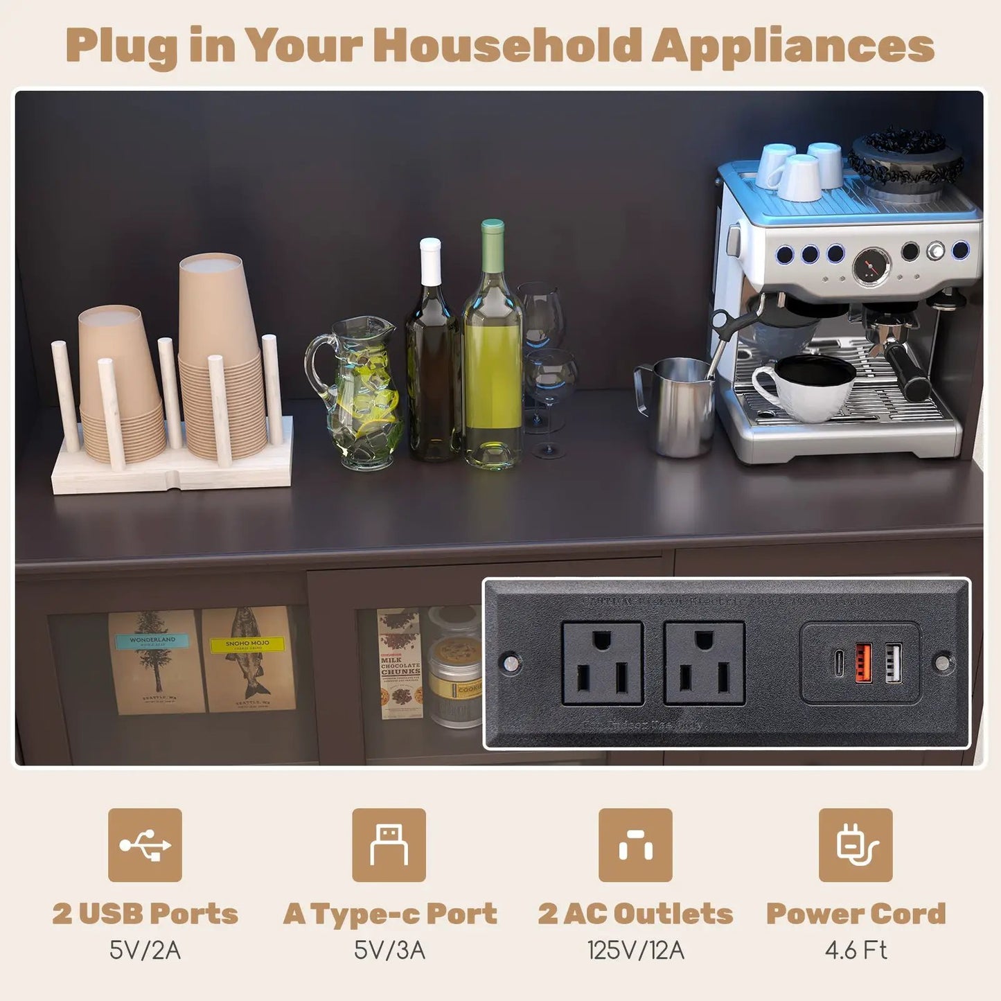 Kitchen Pantry Storage Cabinet with LED Lights and power outlets in dark brown finish on Tampa Home & Garden Store