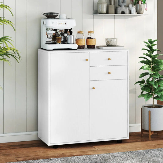 DirectDeals white sideboard cabinet with 2 doors and 3 drawers, gold knobs, coffee bar setup on Tampa Home & Garden Store