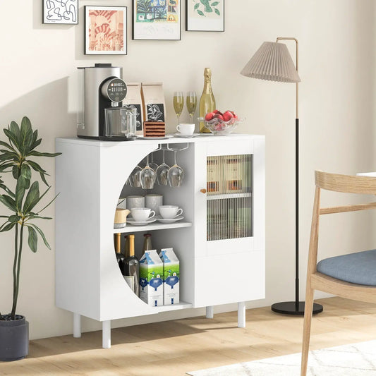 White sideboard with glasses holder in living room, modern cabinet with hanging wine glasses on Tampa Home & Garden Store