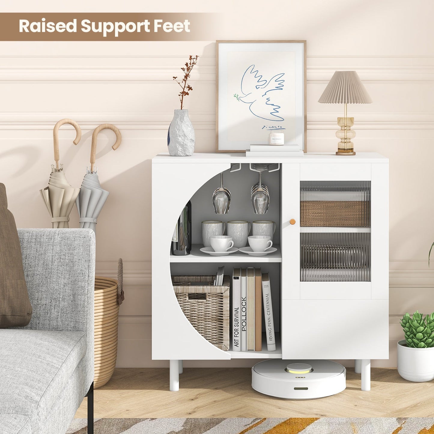 White sideboard with glasses holder and hanging glassware, DirectDeals living room storage on Tampa Home & Garden Store
