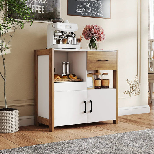 Kitchen Storage Cabinet with Drawer and Doors, white body with wood frame by DirectDeals on Tampa Home & Garden Store