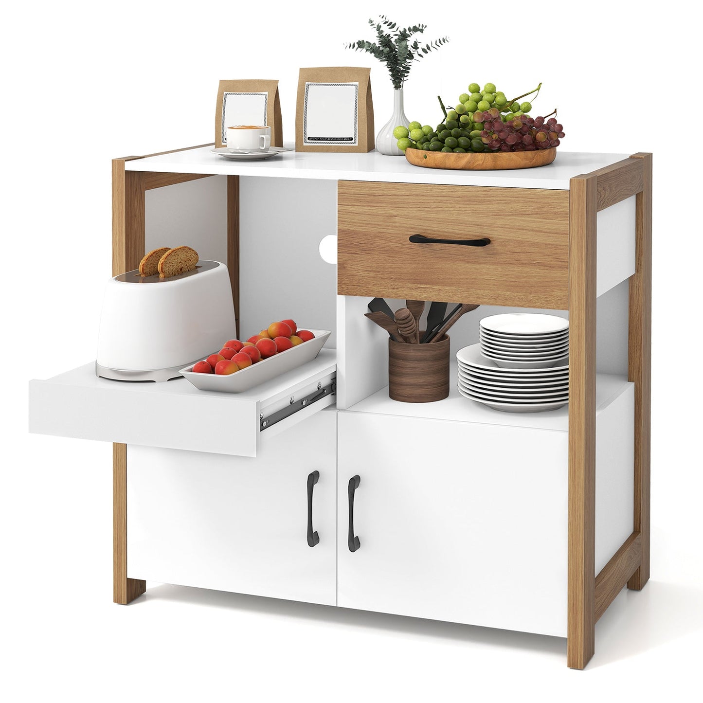 Kitchen storage cabinet with white finish, oak frame and pull-out drawer on Tampa Home & Garden Store