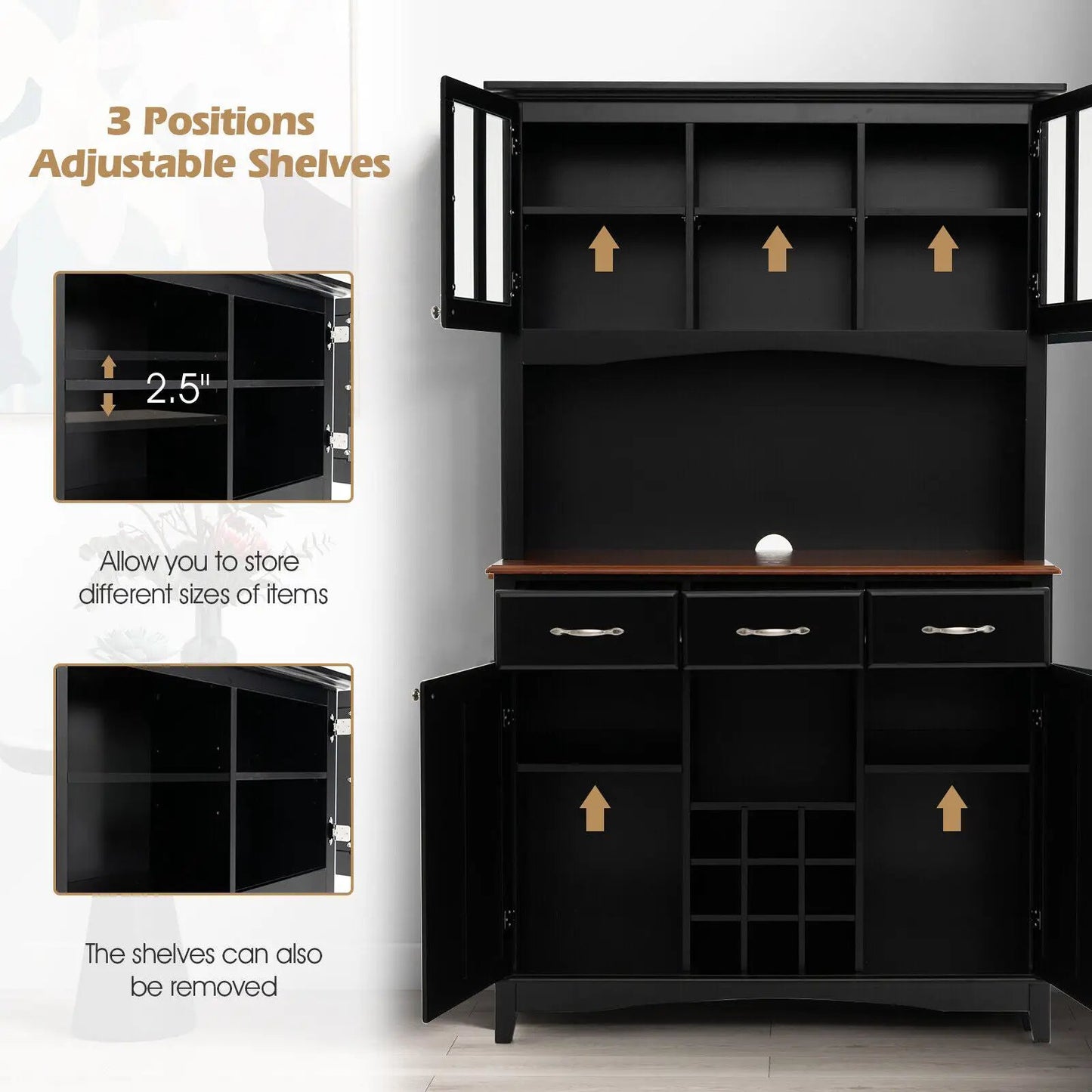 Wood Buffet Hutch with 3-position shelves, wine rack and drawers, black finish DirectDeals on Tampa Home & Garden Store
