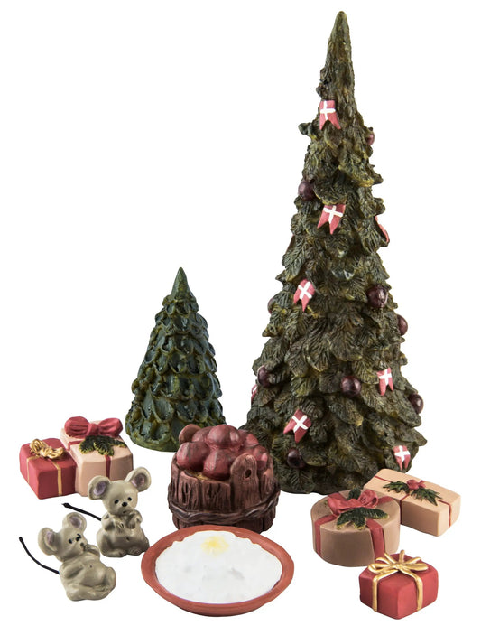 Klarborg Elves and Accessories Set: green resin trees with Danish flags, gifts and mice on Tampa Home & Garden Store