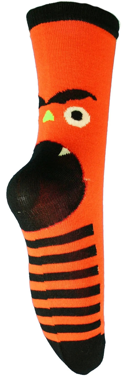 Knit Monster Face Socks orange with black facial features and striped toe on Tampa Home & Garden Store