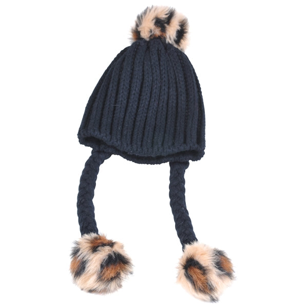 Knitted Hat With Poms - Black - Tampa Home & Garden Store
