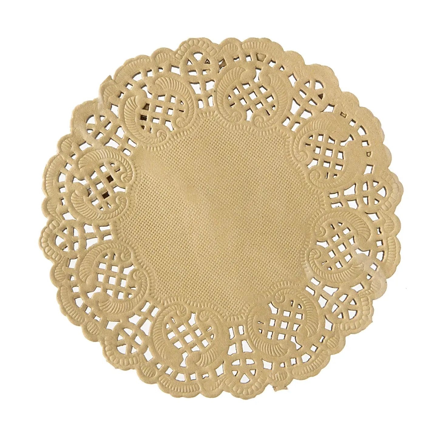 Kraft color paper doily, 4.5 inch, round with intricate lace-edge design on Tampa Home & Garden Store