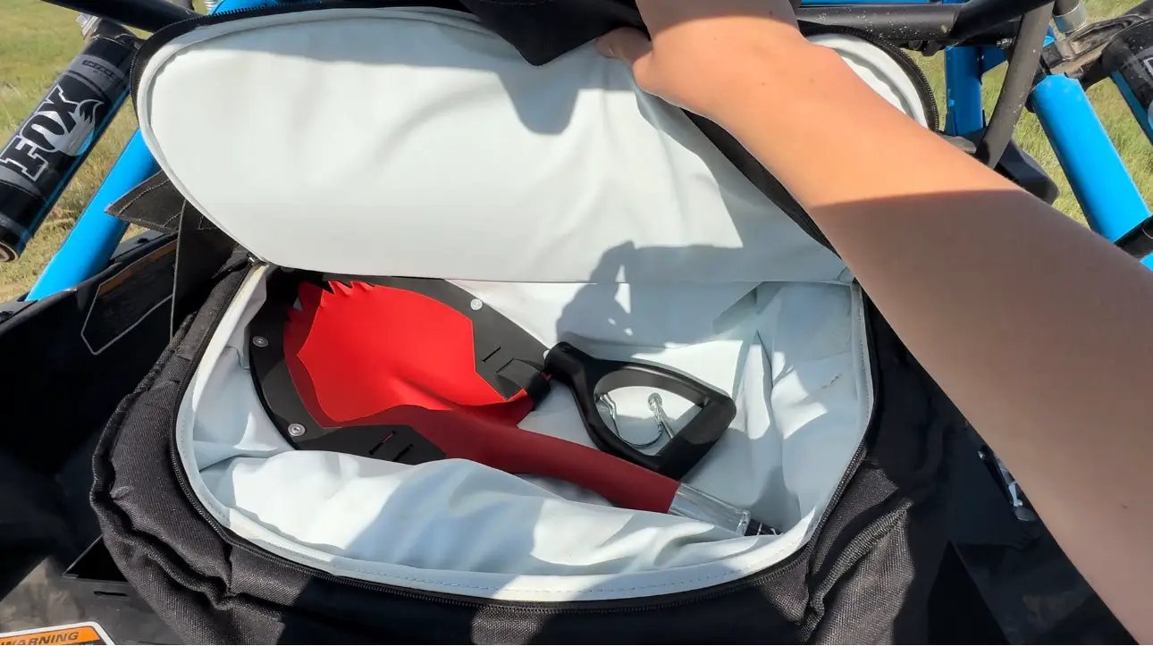 Krazy Beaver mini shovel with guard for ATV, red blade, black handle in white storage bag on Tampa Home & Garden Store