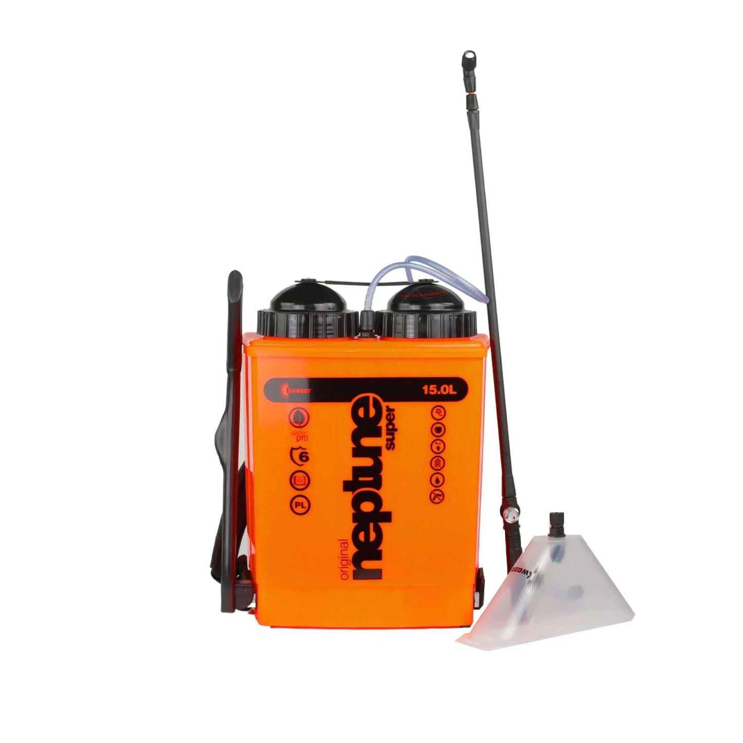 Neptune 15L backpack sprayer orange plastic unit with black top and long wand on Tampa Home & Garden Store