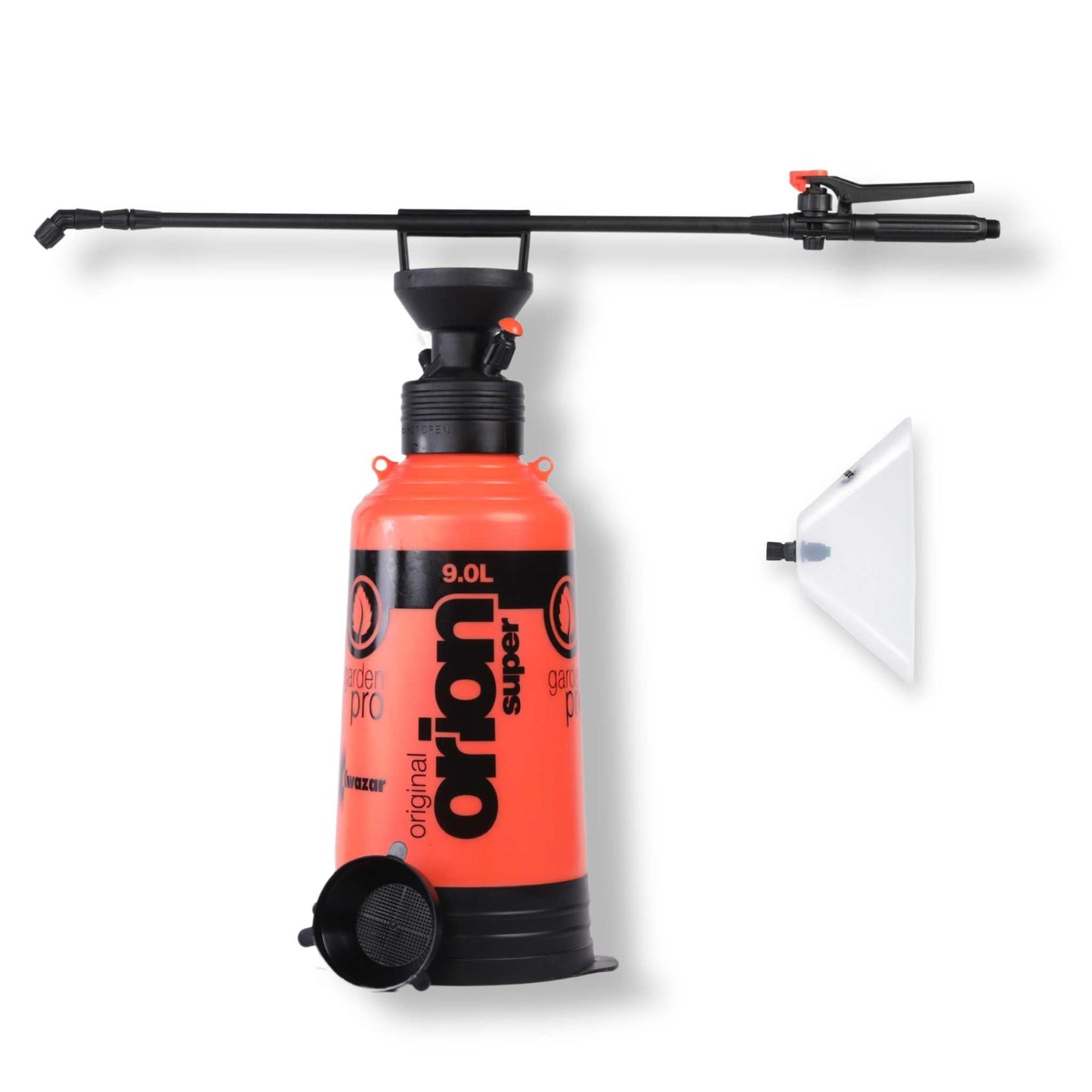 Kwazar Orion pump sprayer for garden orange 9L tank with long wand and red trigger on Tampa Home & Garden Store