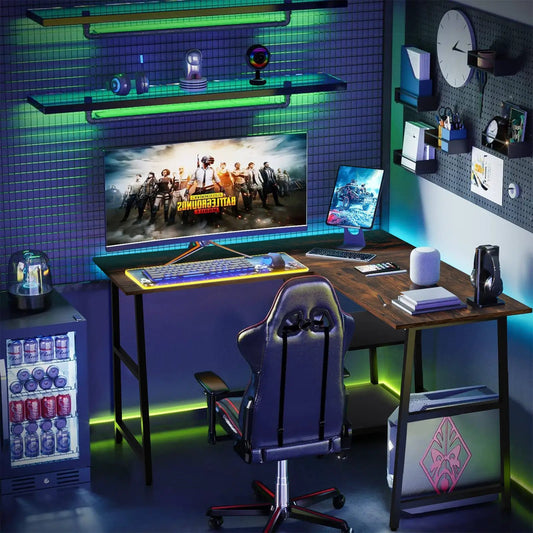 L-shaped corner computer desk with brown wood finish and storage shelves DirectDeals on Tampa Home & Garden Store