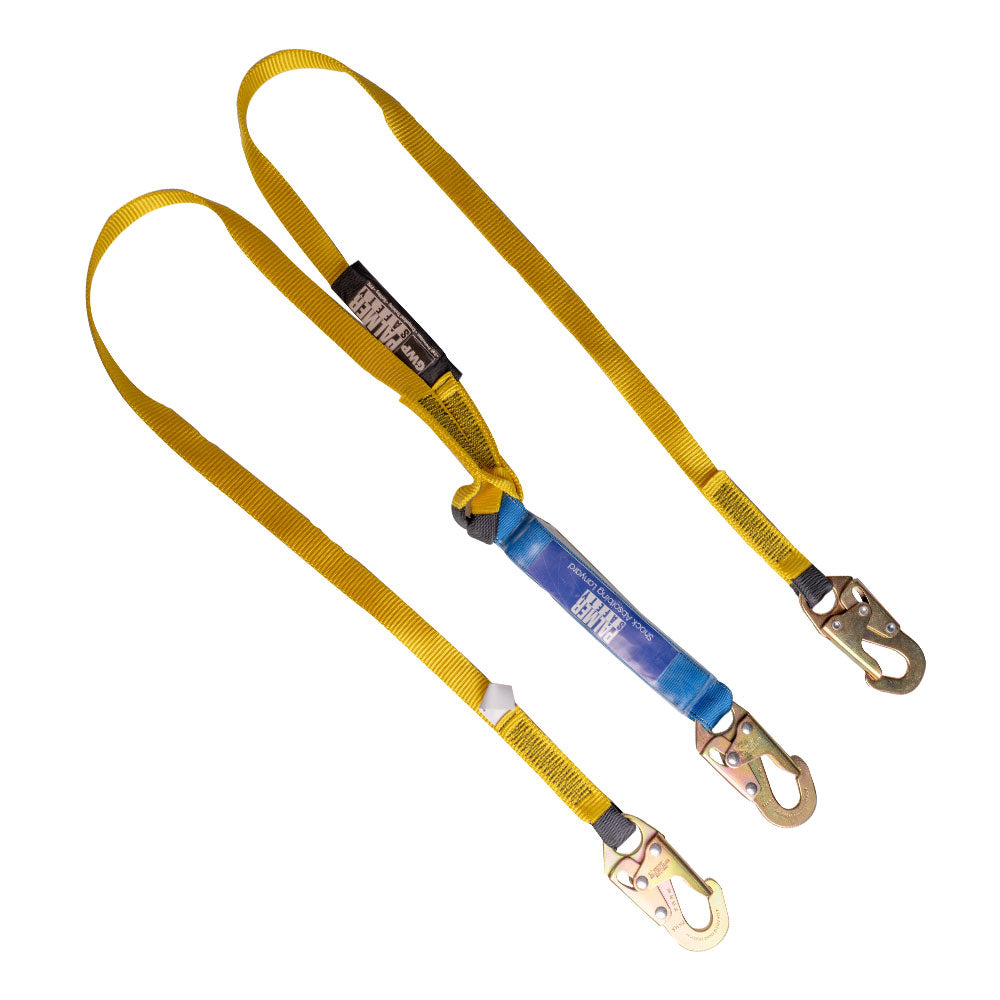 6ft Paladin Safety double lanyard with blue shock absorber and steel hooks, yellow webbing on Tampa Home & Garden Store