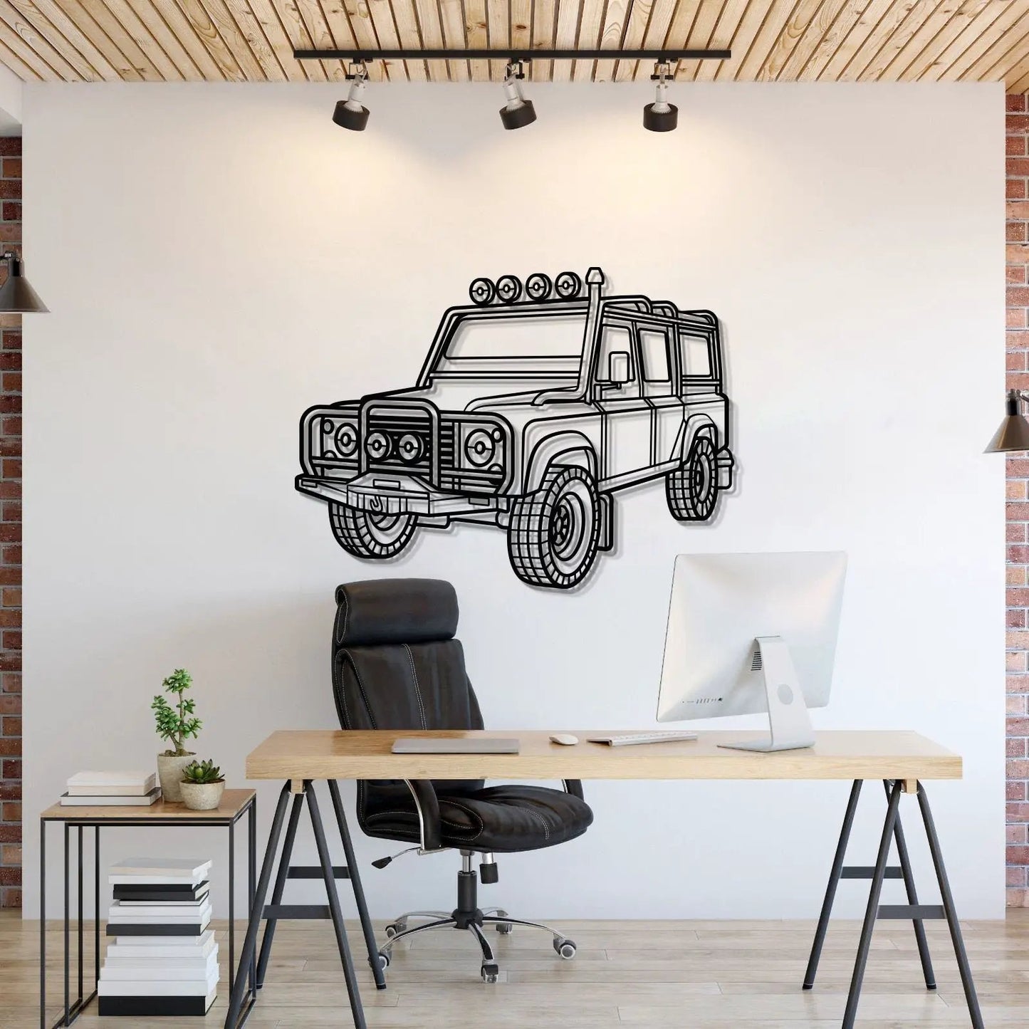 Defender 110 Perspective metal wall art by Modello Turbo, black line SUV on white wall on Tampa Home & Garden Store