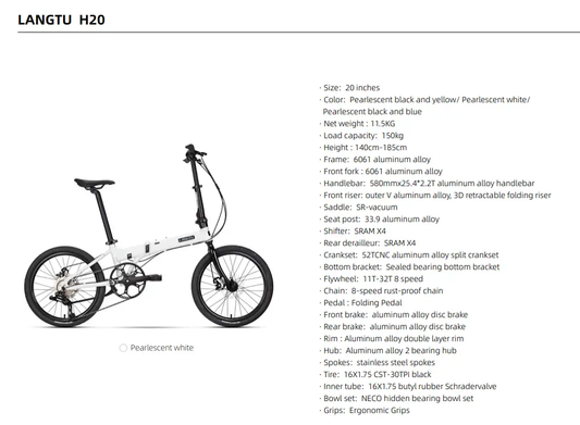 Langtu folding bike 20 inch pearlescent white portable with compact folding frame on Tampa Home & Garden Store