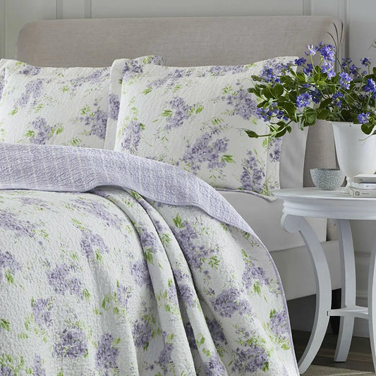 Full Queen Cotton Quilt Set With Purple Floral; white base with lavender blossoms, 3-piece on Tampa Home & Garden Store