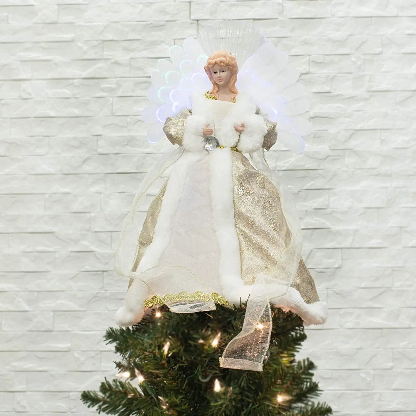 LED Angel with Fiber Optic Wings 16 Inch, white/gold gown, The Country Christmas Loft on Tampa Home & Garden Store