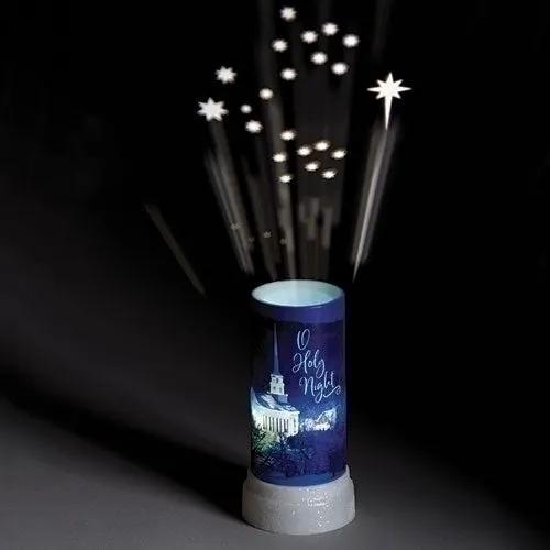 LED projector candle O Holy Night snowflake projection from blue cylinder lamp with white base on Tampa Home & Garden Store