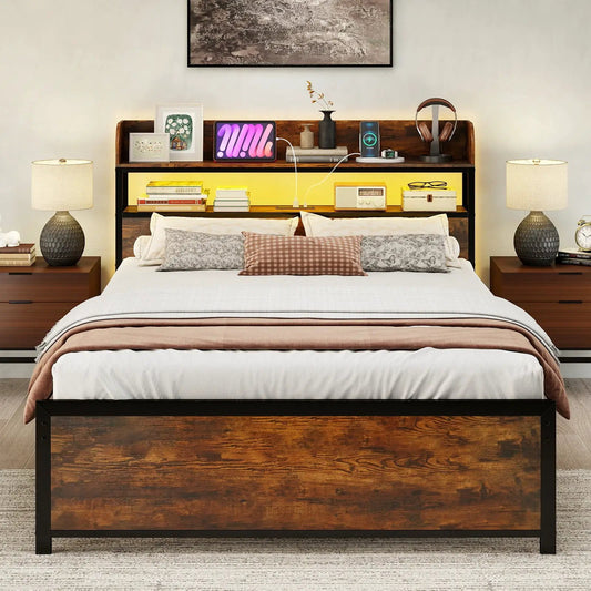 Led bed frame with power outlets and storage, rustic wood, full-size platform on Tampa Home & Garden Store