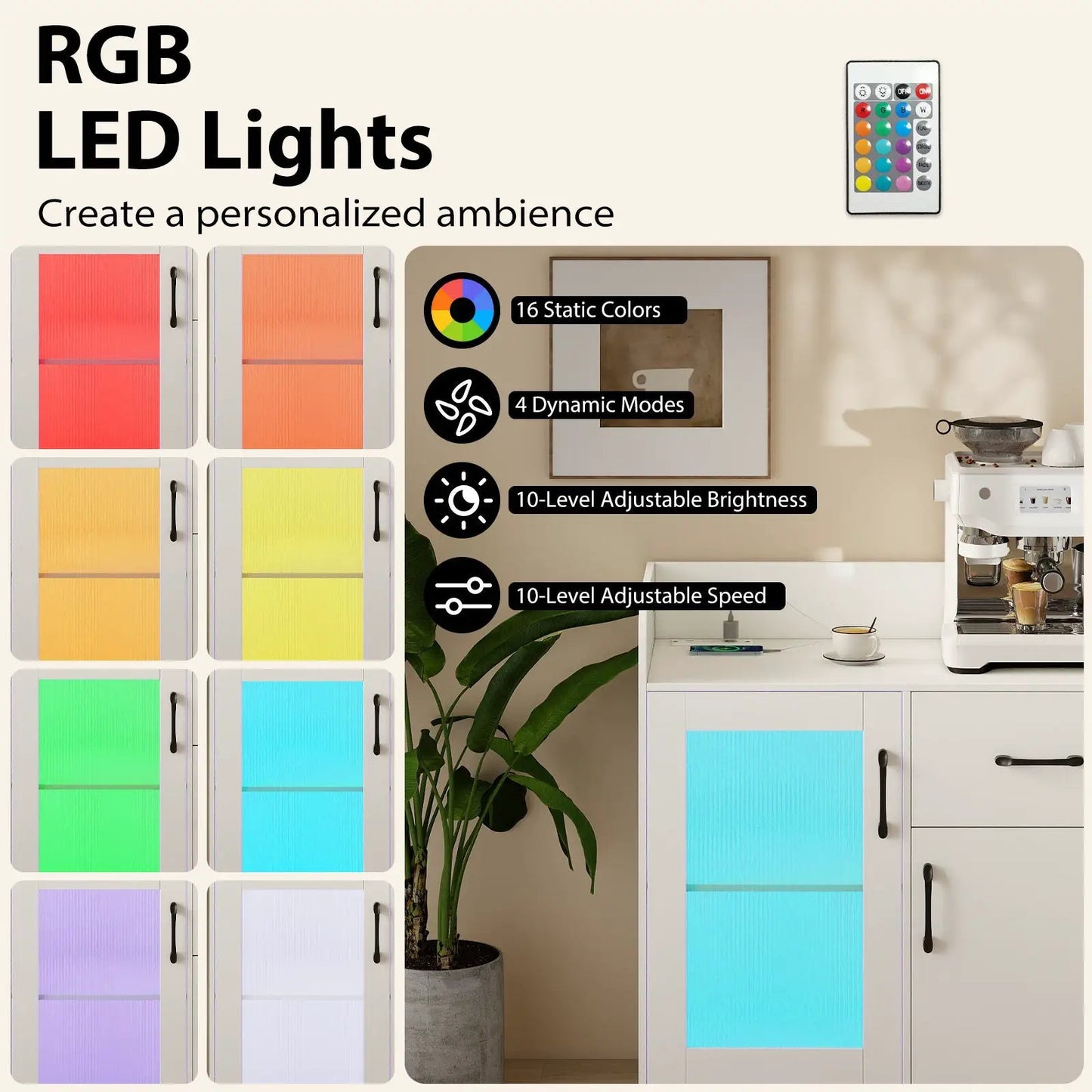 LED Buffet Sideboard with Charging Station Drawer, white cabinet with translucent fluted doors and LED color panels, DirectDeals on Tampa Home & Garden Store
