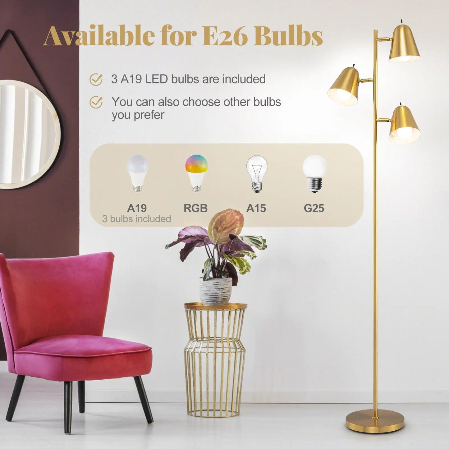 64-inch 3-light LED floor lamp in gold finish for living room DirectDeals on Tampa Home & Garden Store